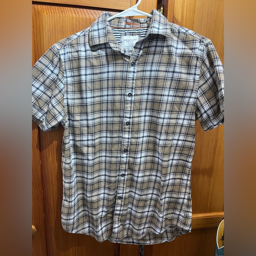Men's Casual Plaid Button-Down Shirt - Tan and White
